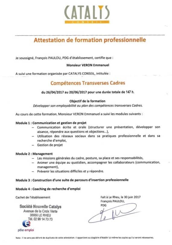 attestation formation professionnelle